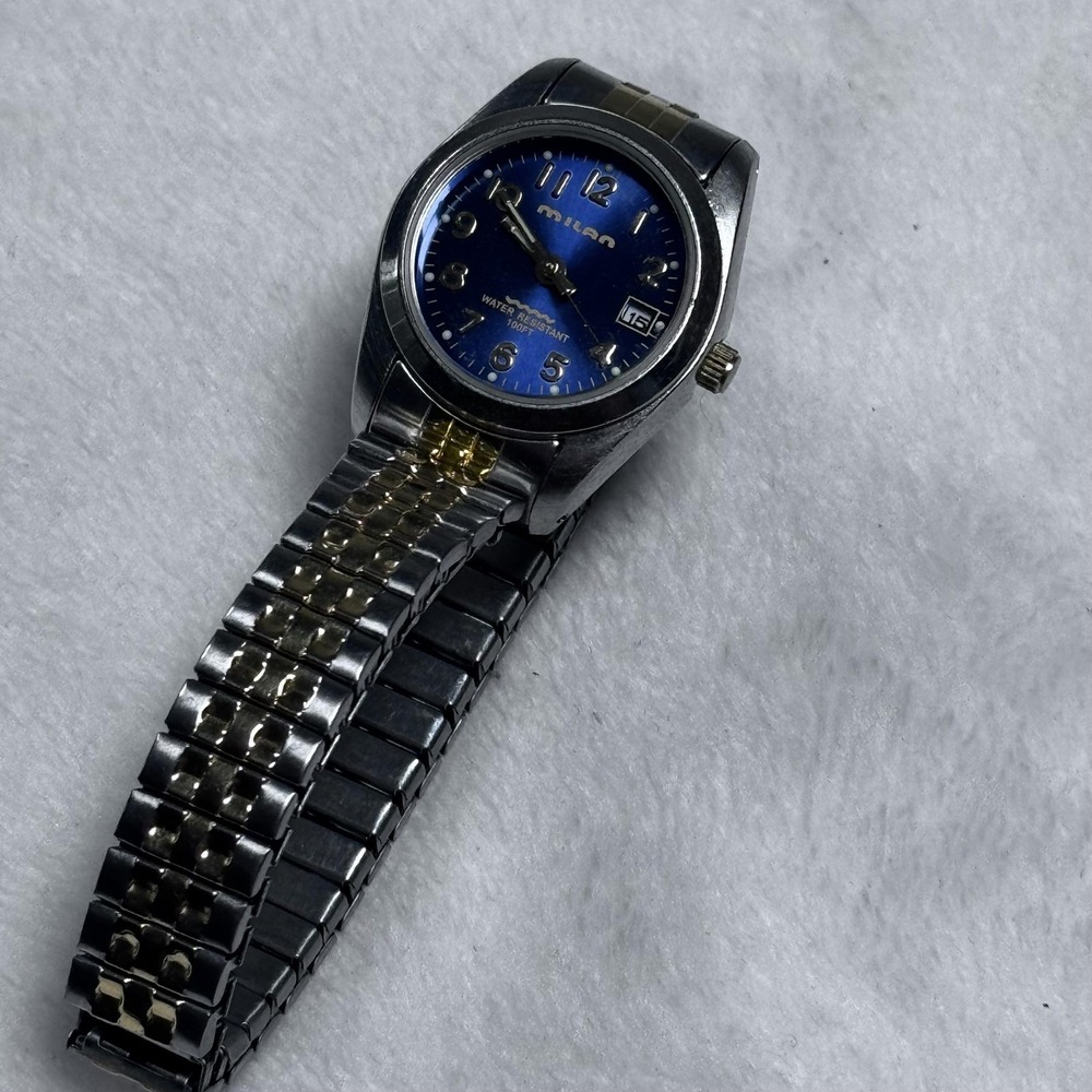 Milan Watch Womens Blue Dial Date 100ft‎ Water Resistant Two Tone Stretch Band